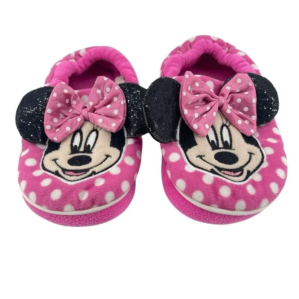 Disney Minnie Mouse Girls Pink Polka Dot Sequin Plush Slippers XL 11/12